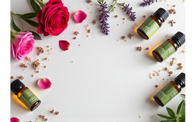 Collection of natural ingredients like rose petals, herbs, and oils, laid out for a clean beauty preparation.