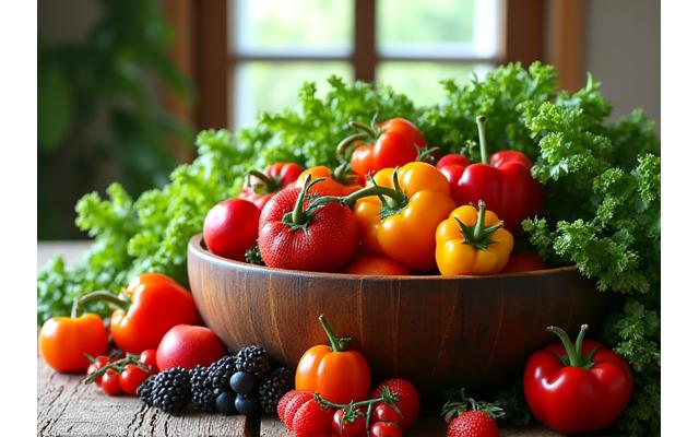 Variety of fresh, organic fruits and vegetables in a rustic wooden bowl.