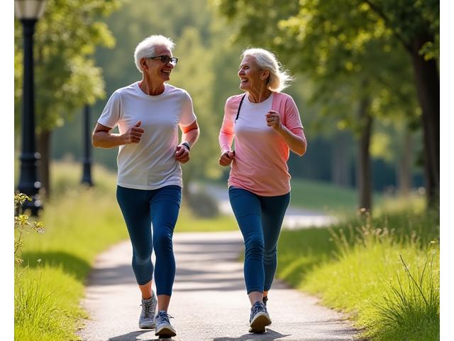 Active retired couple enjoying a brisk walk in a park, laughing and looking healthy, symbolizing healthy aging.