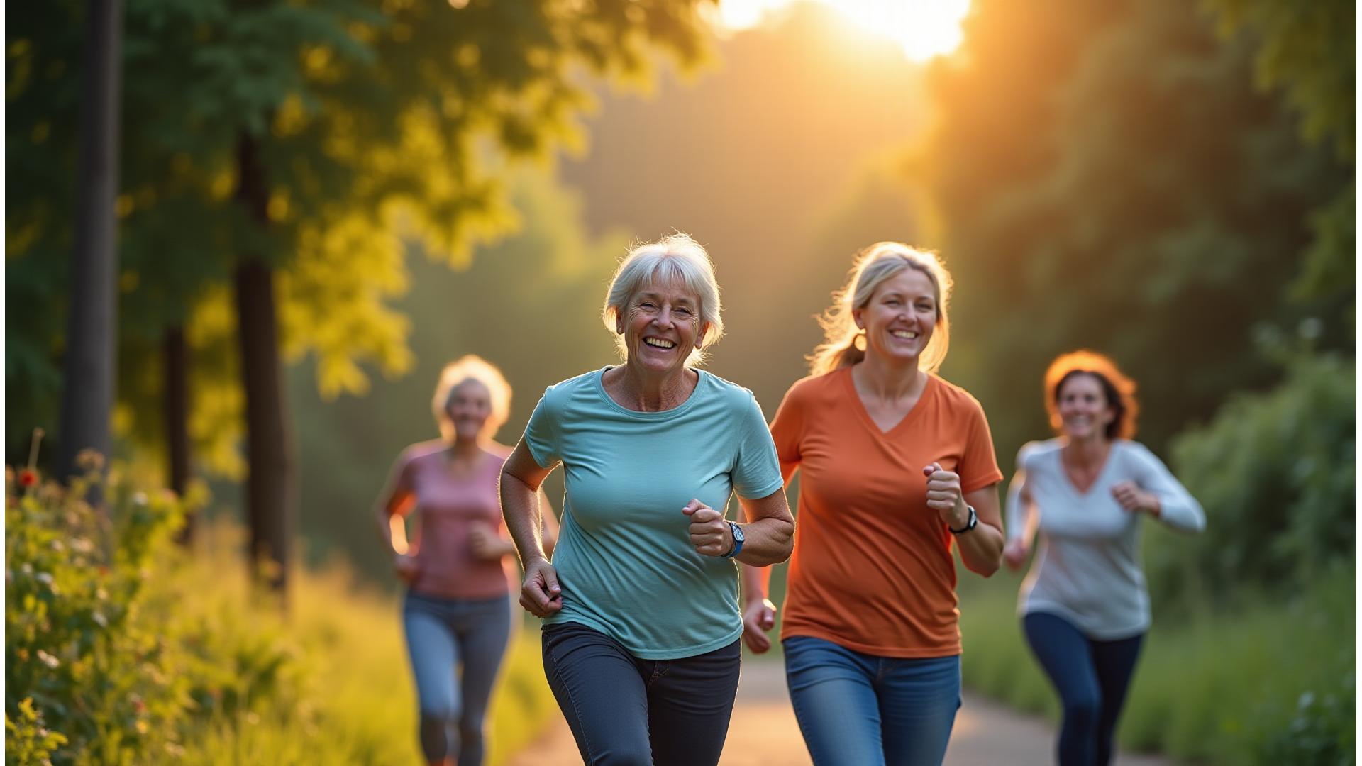 Diverse adults over 35 smiling, jogging, practicing yoga, and gardening, radiating health and vitality against a soft-focus, nature-inspired setting.