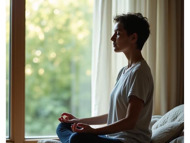Person meditating peacefully by a window with soft light, symbolizing stress relief and mental clarity.