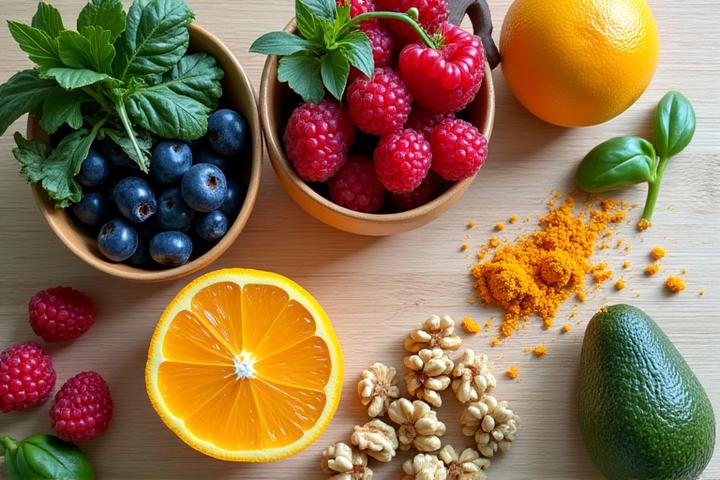 Vibrant array of anti-inflammatory foods: berries, leafy greens, nuts