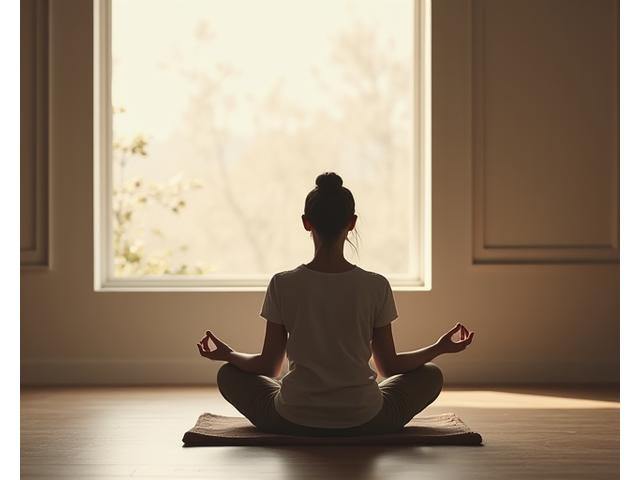 Person in a comfortable meditation pose in a serene setting, representing deep meditation.