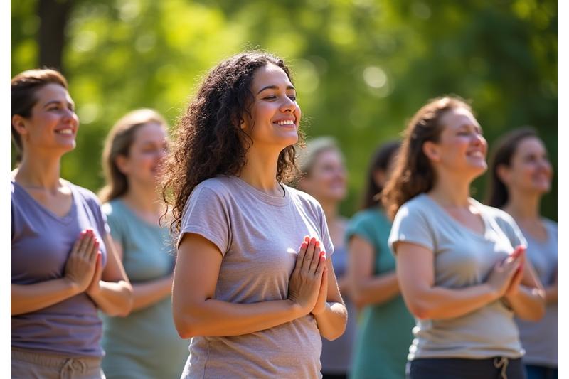 Group of diverse adults meditating outdoors in a San Jose park, showing community and connection.