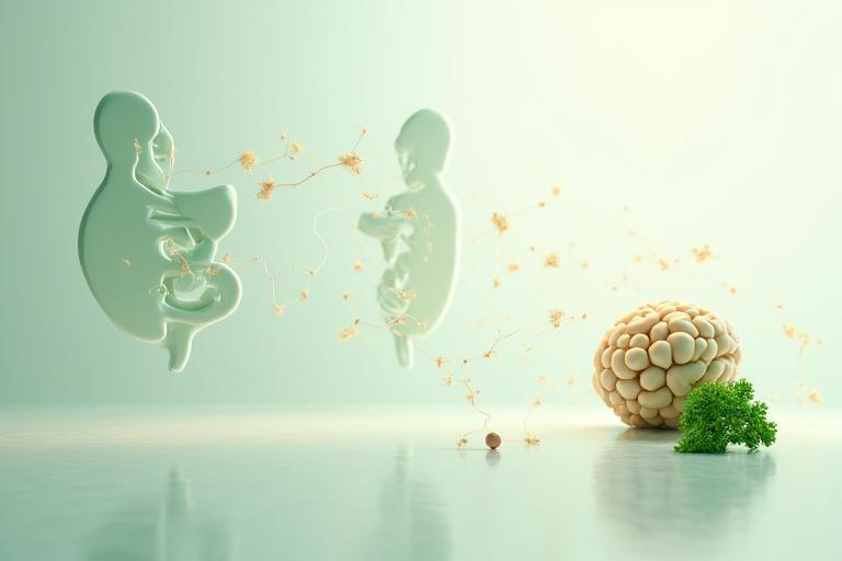 Diagram representing the gut-brain connection with healthy food