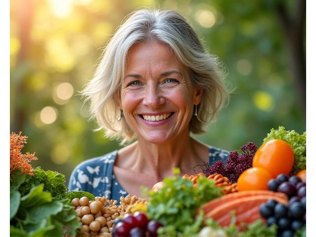Woman thriving with vibrant food and energy