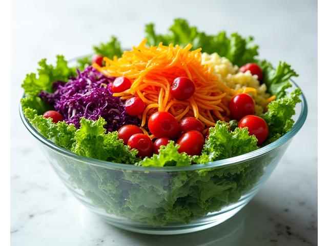 A colorful salad filled with immune-boosting ingredients like bell peppers and kale