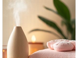 Aromatic candles, essential oil diffuser, and soft towel for self-care