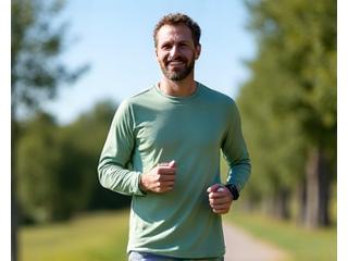 Energetic man running outdoors wearing a fitness tracker