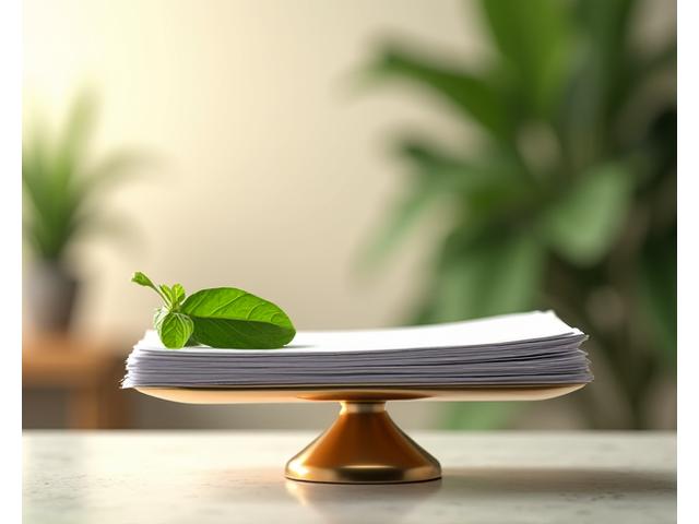 A balanced scale with a green leaf on one side, and legal documents on the other, signifying fairness, balance, and trust in Virdiane Bloom's terms of service.