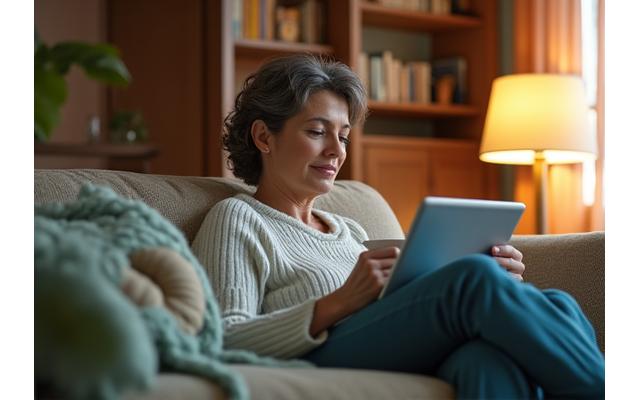 Woman comfortably learning on a tablet at home, illustrating flexible online education