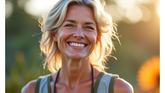 Woman over 40 radiating vitality and balance, symbolizing hormone health