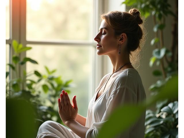 Woman meditating peacefully in a serene setting, representing hormonal balance
