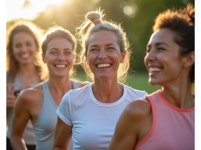 Diverse group of women smiling and exercising outdoors, looking healthy and vibrant